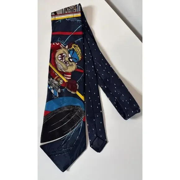 Looney Tunes Mania Tie Taz Hockey Cartoon 1995 Warner Bros Necktie Vintage - Picture 2 of 3